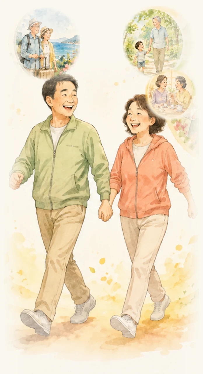鹿児島の海辺を旅行する高齢のご夫婦、孫と散歩する様子、友人とお茶を楽しむ様子、そして笑顔で並んで歩くご夫婦のイラスト